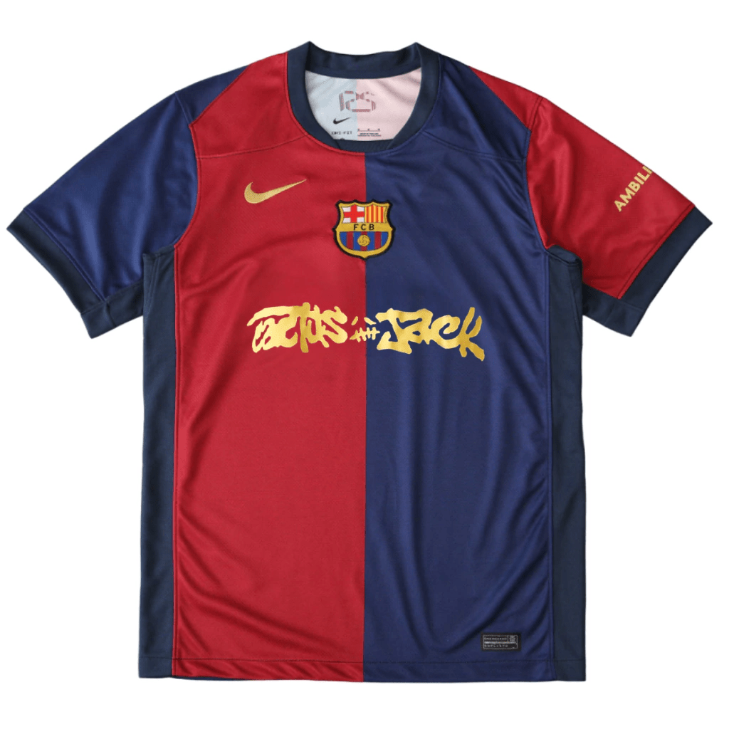 Camisa Barcelona Edição Especial Travis Scott 2025 Vermelha e Azul Masculina