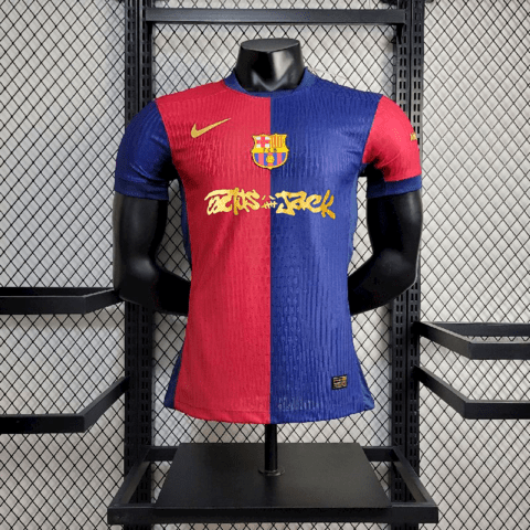 Camisa Barcelona Edição Especial Travis Scott 2025  Vermelha e Azul Masculina